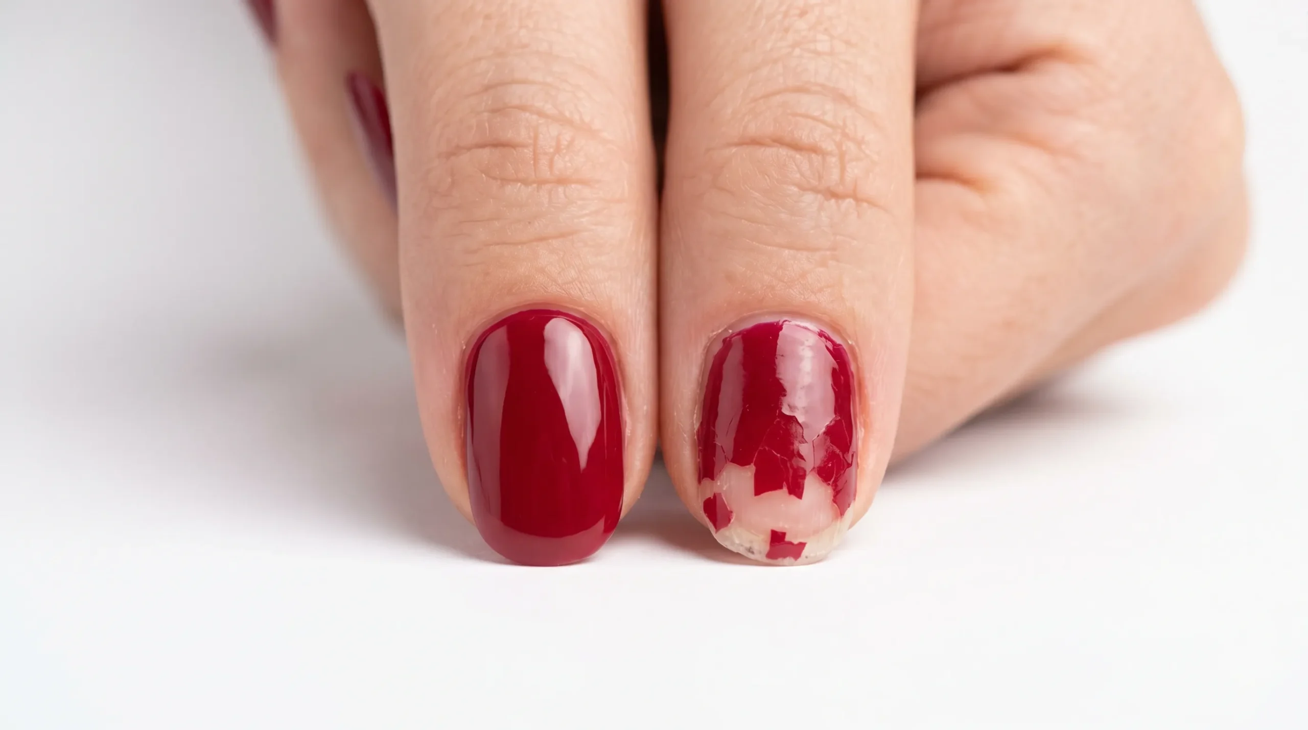 Pode Passar Esmalte Normal em Cima do Alongamento em Gel? Veja Antes de Tentar 1 comparação entre esmalte aplicado corretamente e esmalte descascando em unha de gel