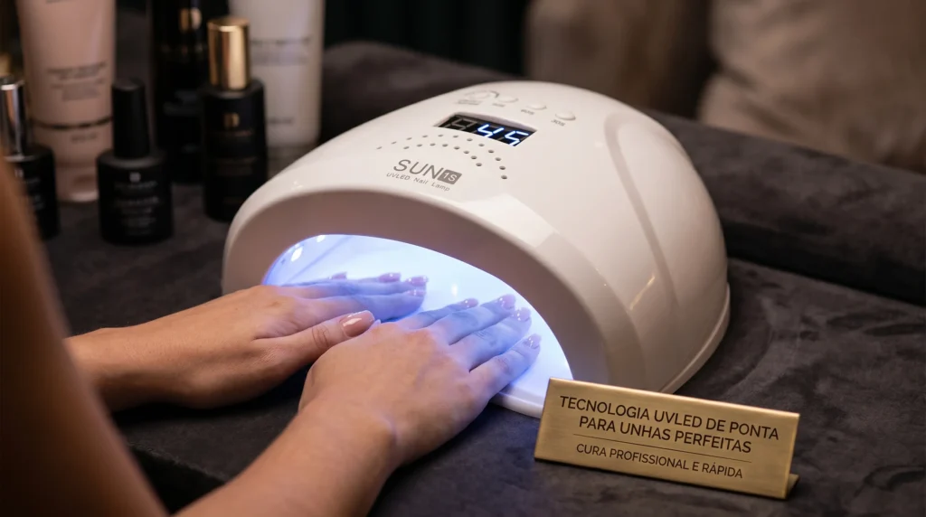mãos dentro de cabine LED para secar unhas em gel