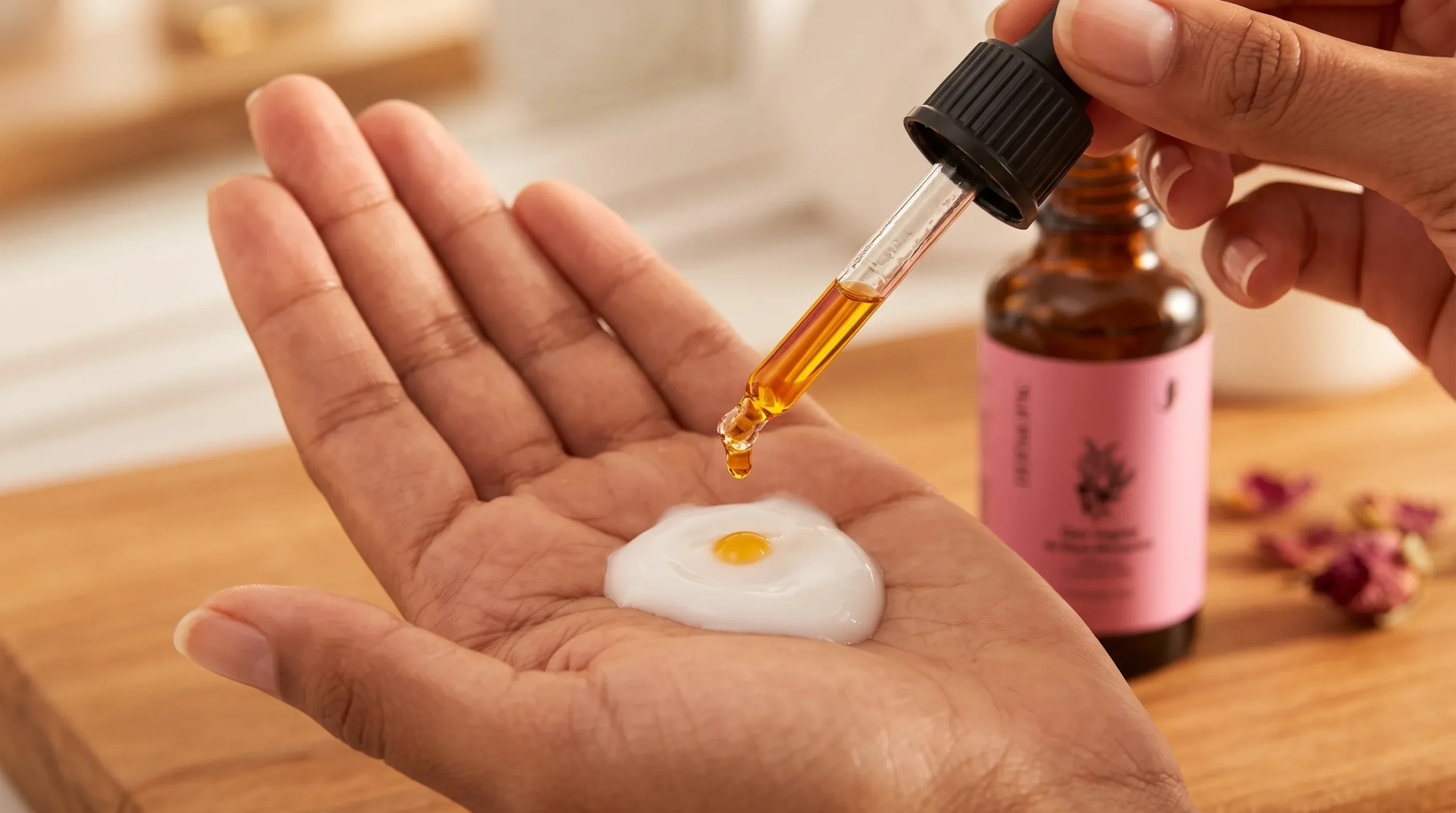como misturar óleo de rosa mosqueta com creme Nivea na palma da mão