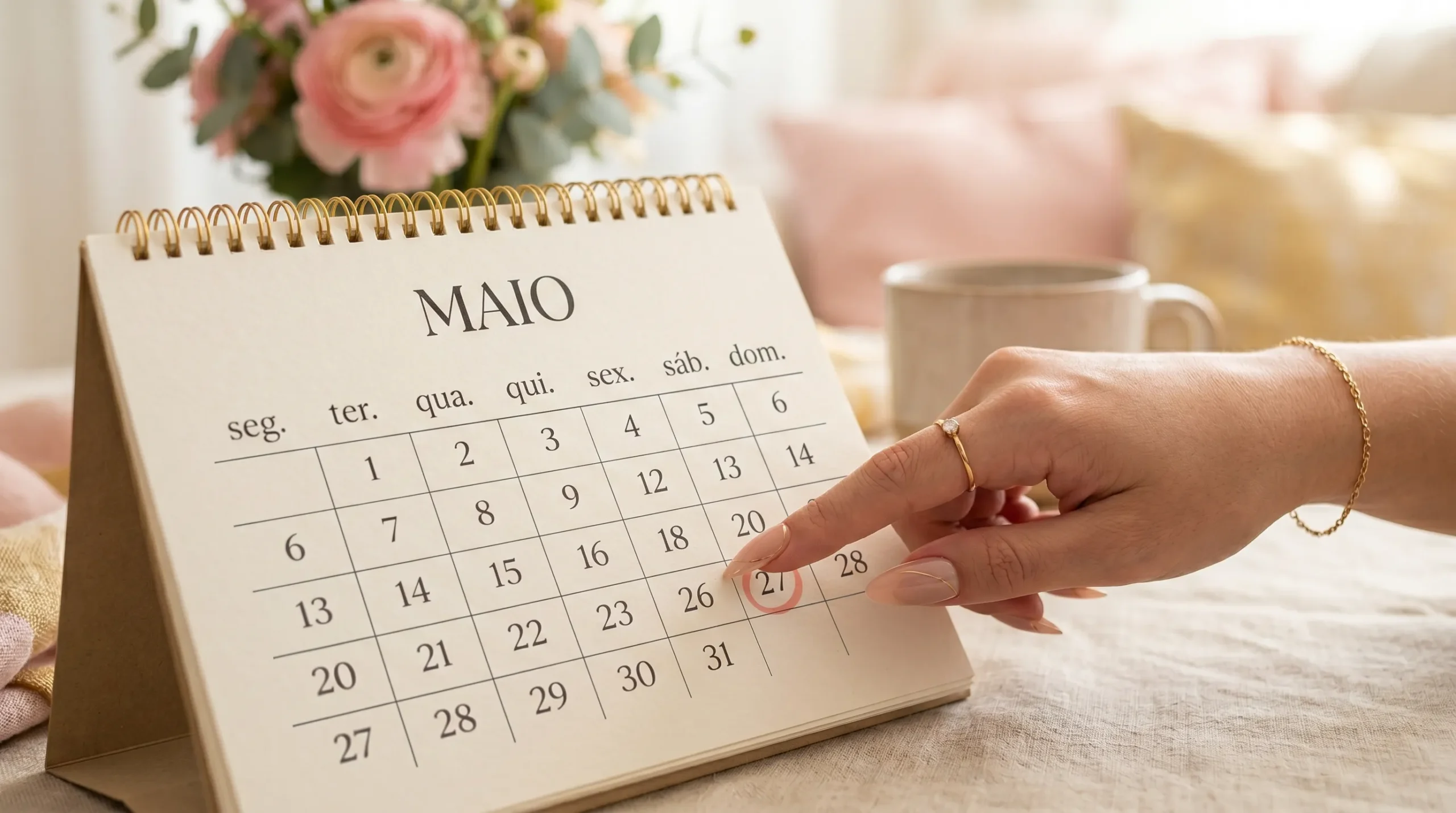 Mão com unhas postiças apontando para um calendário marcando 5 dias de duração.
