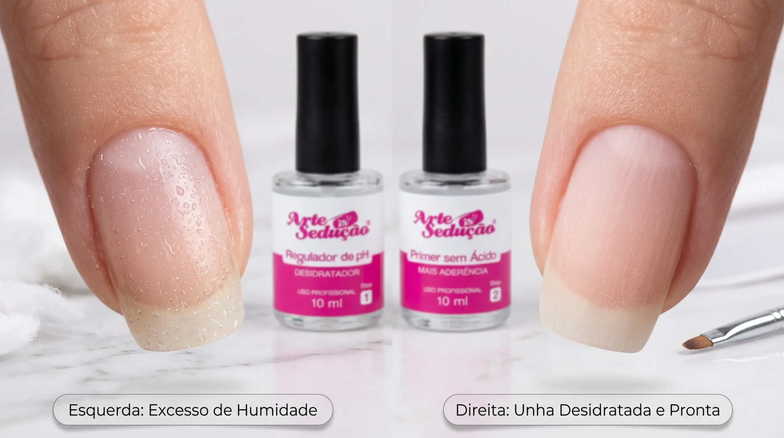 O que vem primeiro, o Primer ou o desidratador? 2 Comparação entre uma unha natural com umidade e uma unha perfeitamente fosca preparada para o alongamento em gel.
