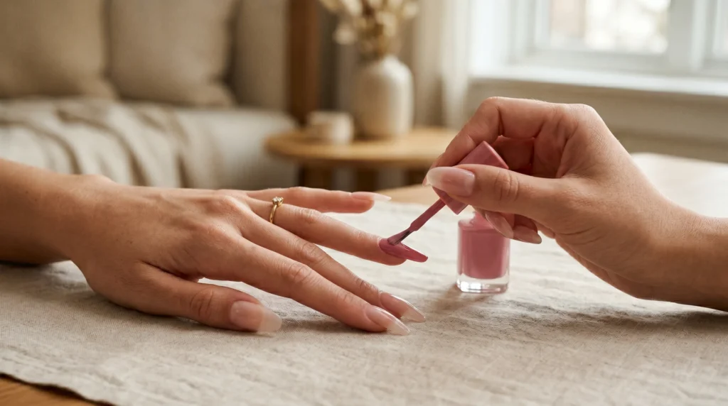 mãos aplicando esmalte normal em cima de alongamento em gel