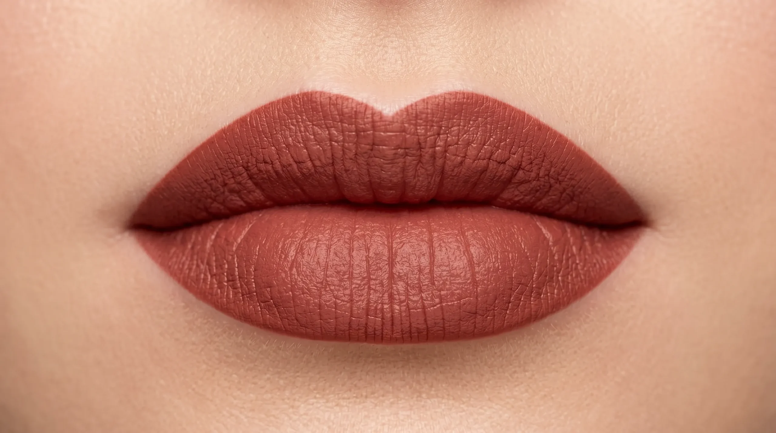 Close-up em lábios perfeitamente maquiados com um batom matte aveludado na cor rosa canela.