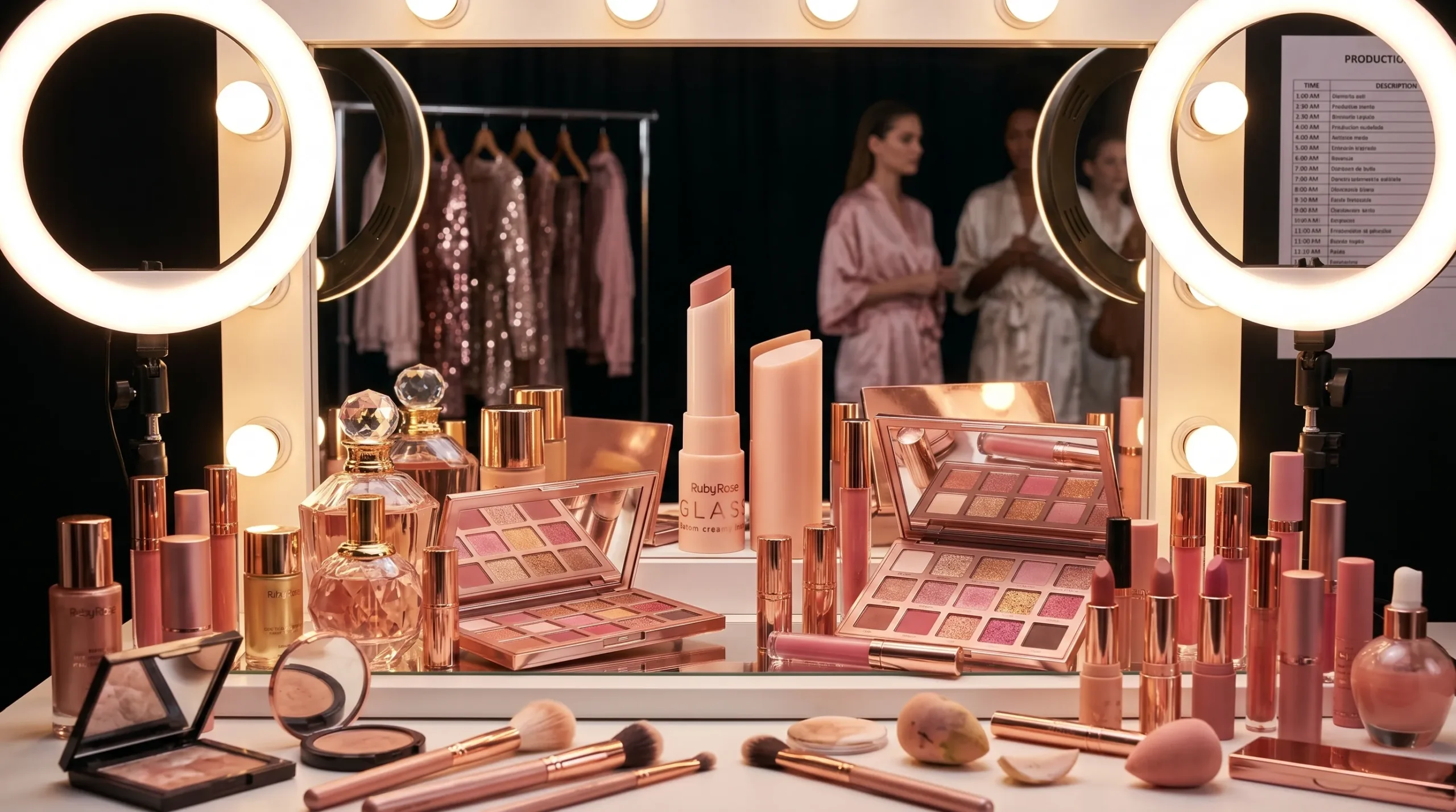 Bancada de maquiagem iluminada repleta de produtos de beleza profissionais.