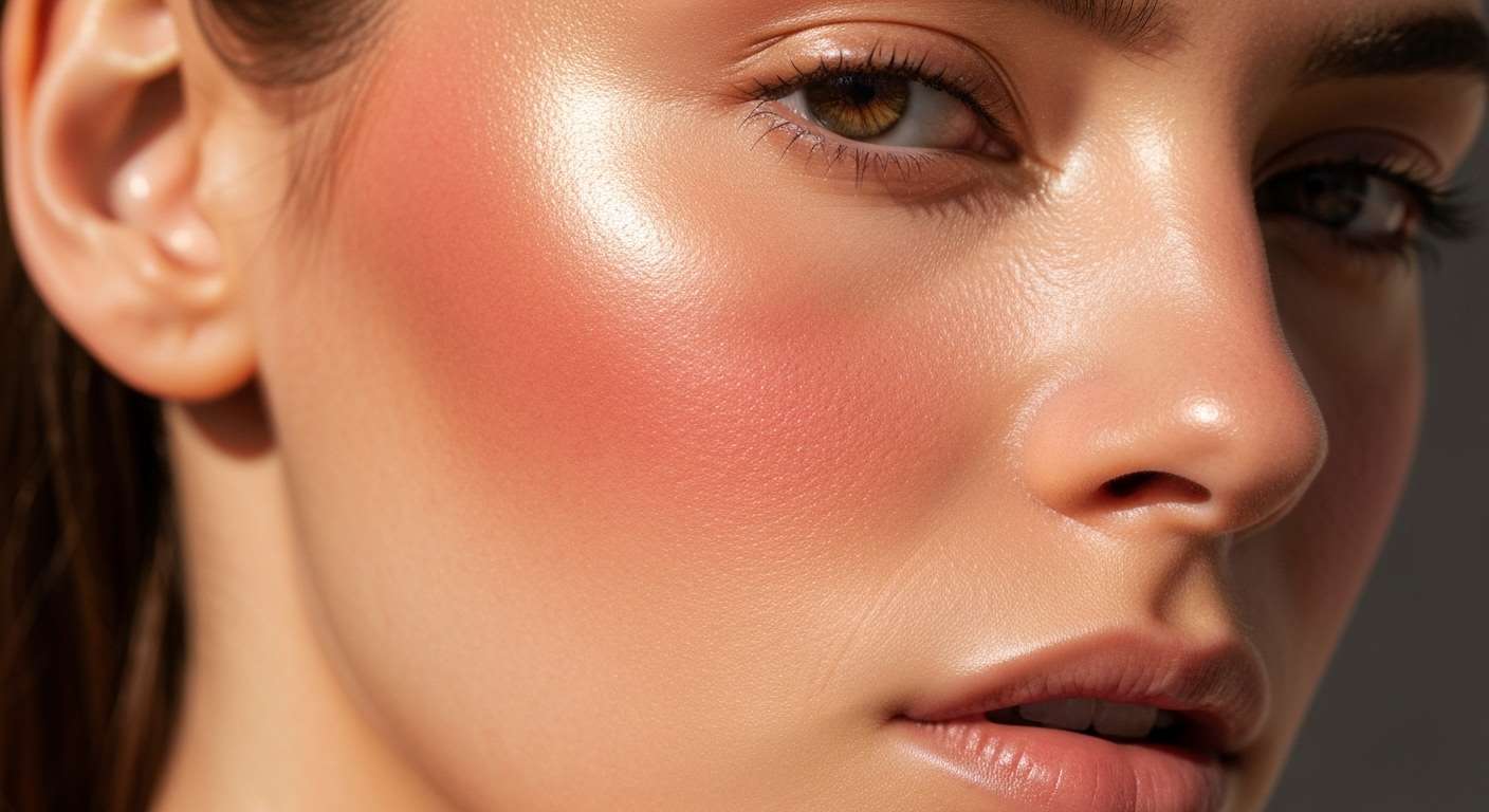 Rosto de mulher com pele radiante e corada naturalmente, demonstrando a beleza de aplicar blush e bronzer natural para um visual saudável e sutilmente bronzeado.