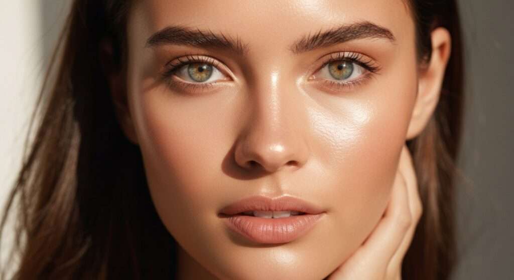 Jovem mulher com pele radiante e maquiagem natural sutil, realçando sua beleza autêntica, ideal para quem busca dicas de como fazer maquiagem natural para um look "acordei assim".