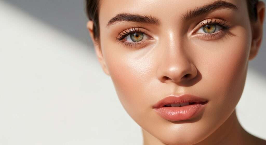 Mulher jovem com maquiagem natural radiante, destacando um visual fresco e duradouro, ideal para aprender como fazer maquiagem natural durar mais ao longo do dia.