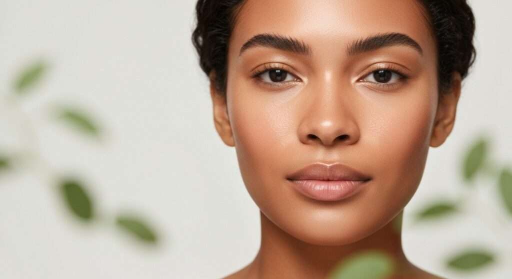 Mulher com maquiagem natural e pele radiante, simbolizando a beleza consciente e ética das melhores marcas de maquiagem natural e cruelty-free.