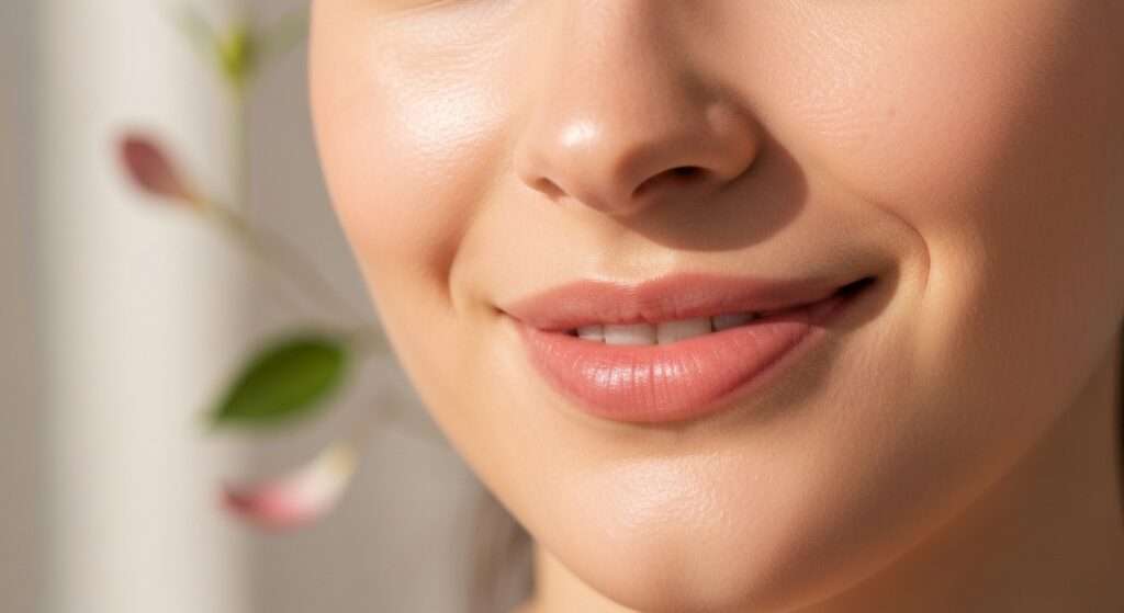 Close-up de lábios femininos saudáveis e levemente coloridos com um toque sutil, refletindo a beleza natural dos lábios realçados por batom e lip balm natural.