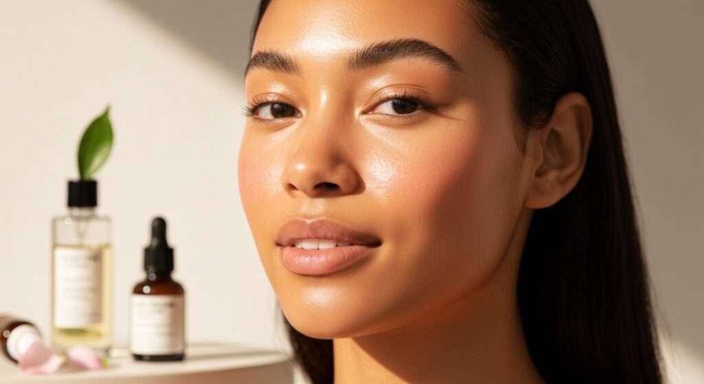 Jovem mulher com pele luminosa, fresca e radiante em close-up, sorrindo suavemente, com foco em uma rotina de beleza saudável e os melhores produtos para skincare natural.