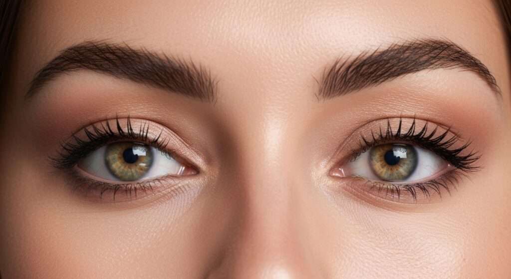 Close-up de olhos femininos com maquiagem natural para olhos, destacando sombras terrosas sutis e cílios realçados para um efeito 'acordei assim'.
