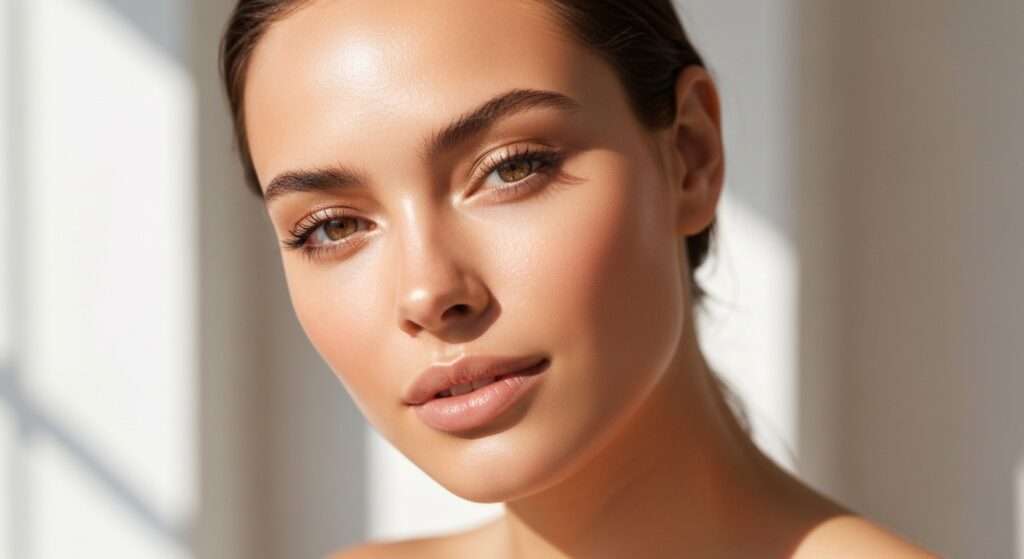 Mulher jovem com rosto radiante e maquiagem natural sutil, exalando frescor e confiança matinal, representando a maquiagem natural rápida para o dia a dia.