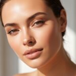 Mulher jovem com rosto radiante e maquiagem natural sutil, exalando frescor e confiança matinal, representando a maquiagem natural rápida para o dia a dia.