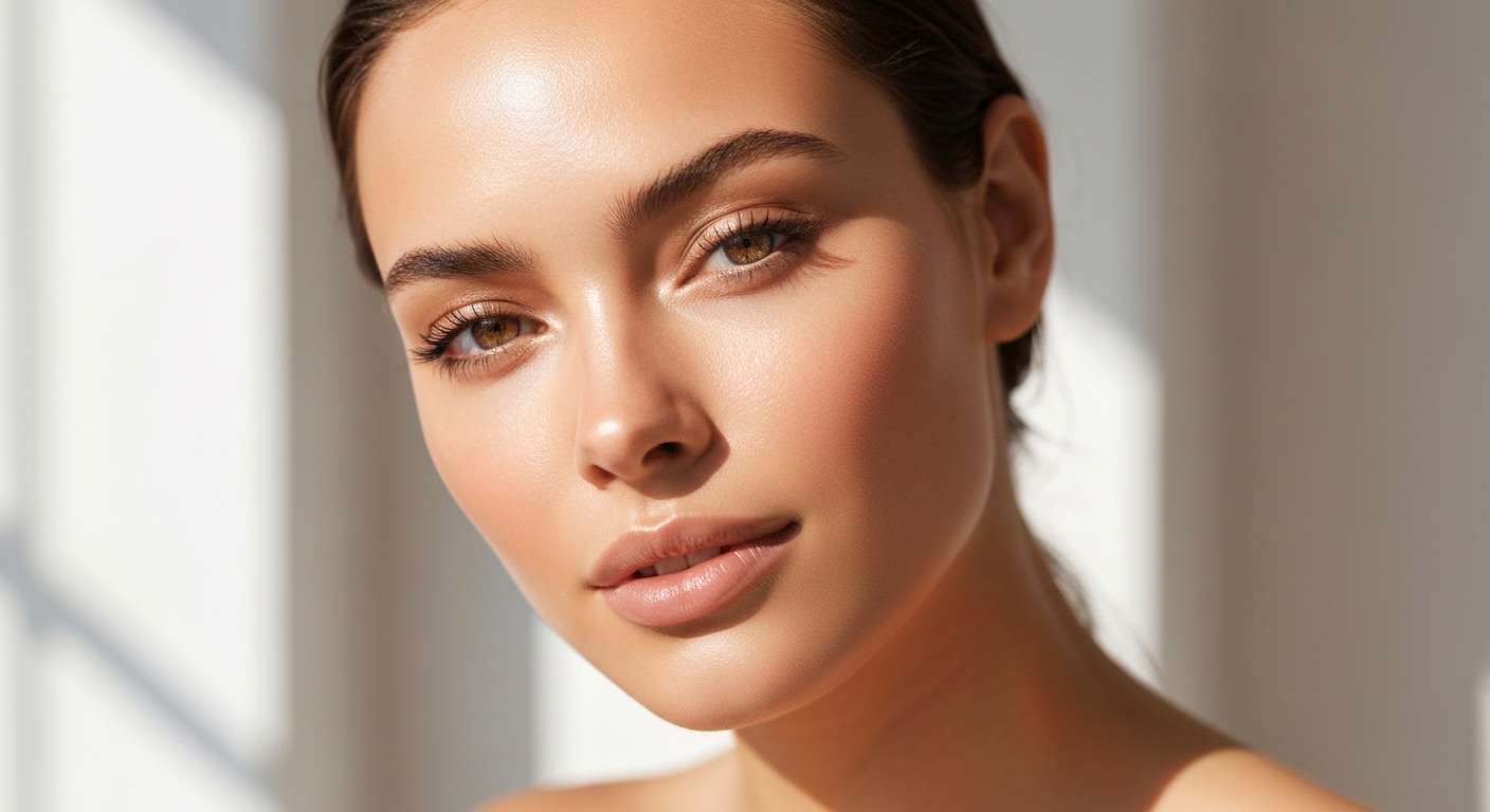 Mulher jovem com rosto radiante e maquiagem natural sutil, exalando frescor e confiança matinal, representando a maquiagem natural rápida para o dia a dia.