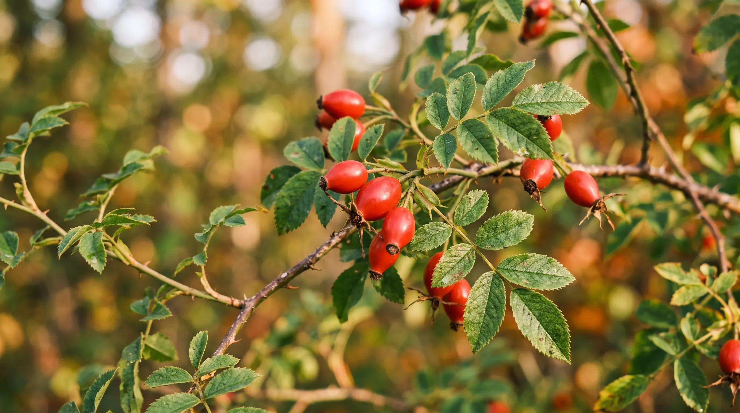 planta de rosa mosqueta com frutos vermelhos de onde é extraído o óleo