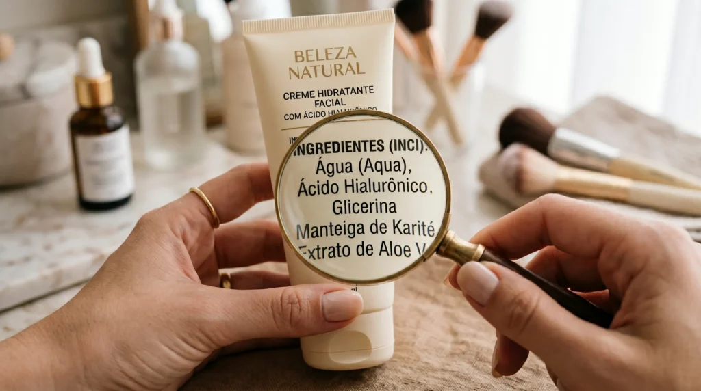 Mão segurando uma lupa sobre a lista de ingredientes de um tubo de maquiagem para como identificar maquiagem orgânica