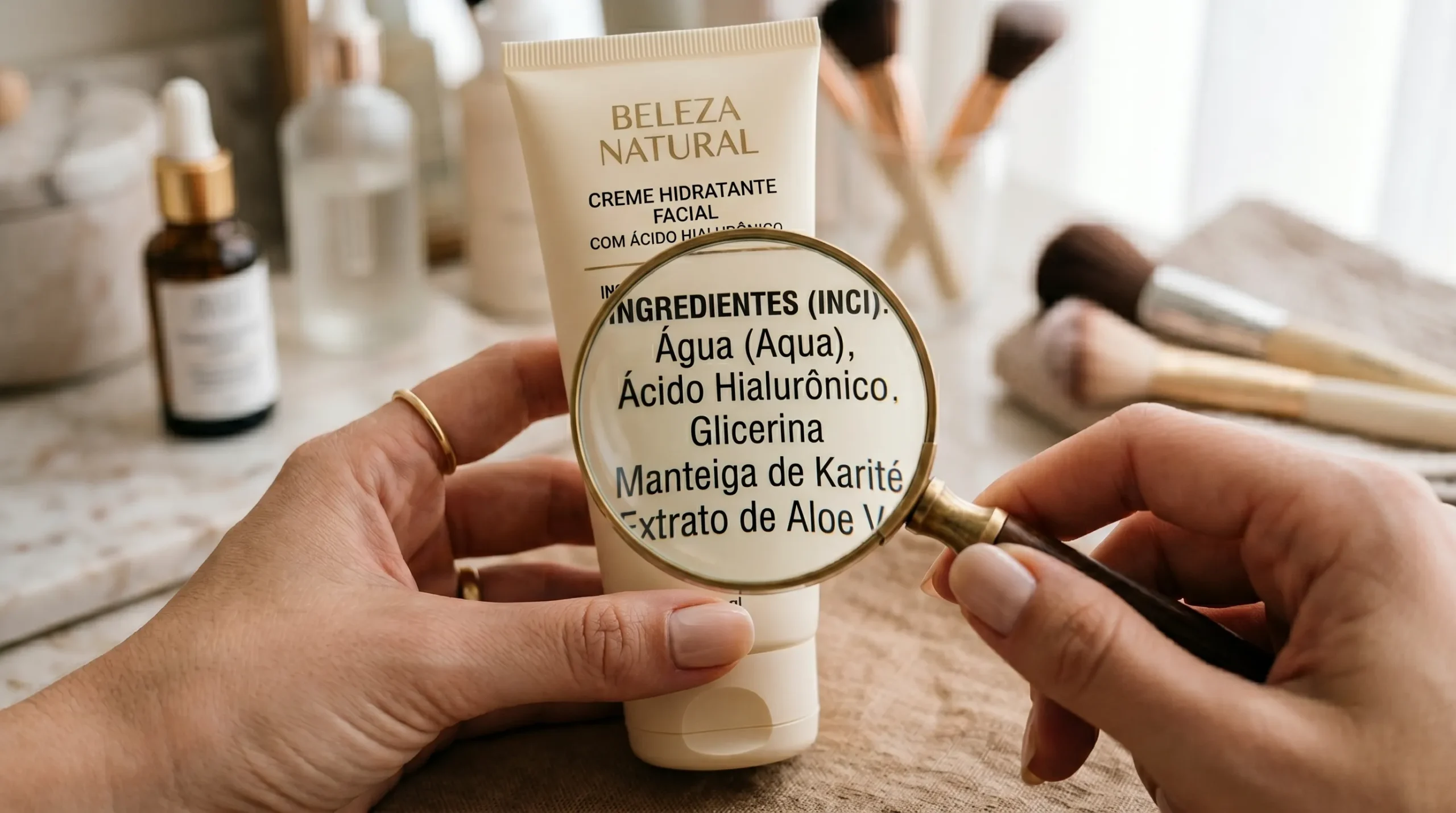 Mão segurando uma lupa sobre a lista de ingredientes de um tubo de maquiagem para como identificar maquiagem orgânica