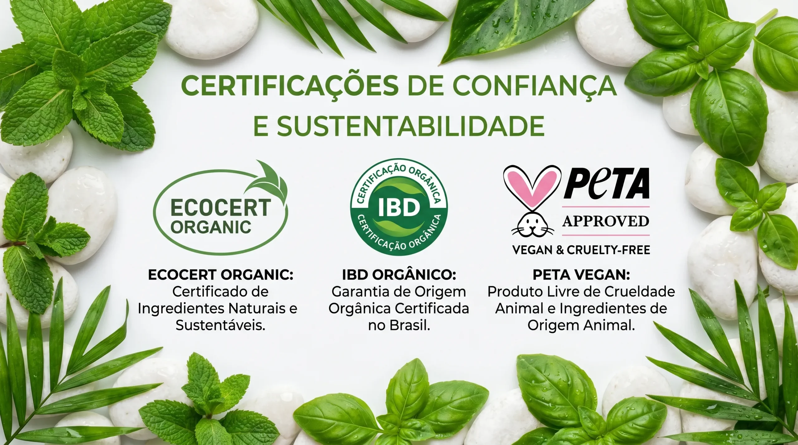 Como Identificar Maquiagem Orgânica: Guia Completo de Selos e Rótulos. 1 Logotipos de certificação orgânica e vegana como Ecocert e IBD em um fundo de folhas verdes e pedras brancas.