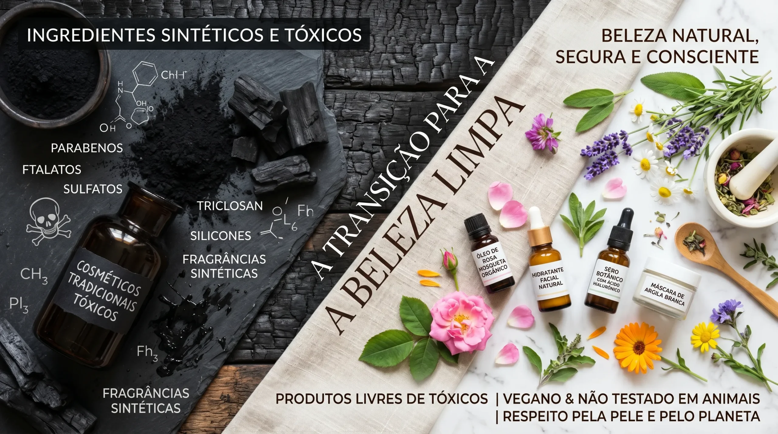 Como Identificar Maquiagem Orgânica: Guia Completo de Selos e Rótulos. 2 Composição visual comparando substâncias químicas escuras com ingredientes botânicos claros para maquiagem orgânica