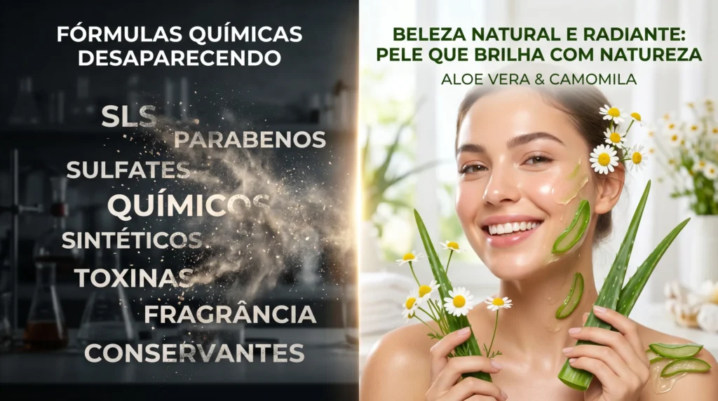 Conceito visual mostrando a transição de produtos químicos agressivos para ingredientes botânicos nos benefícios da maquiagem orgânica.