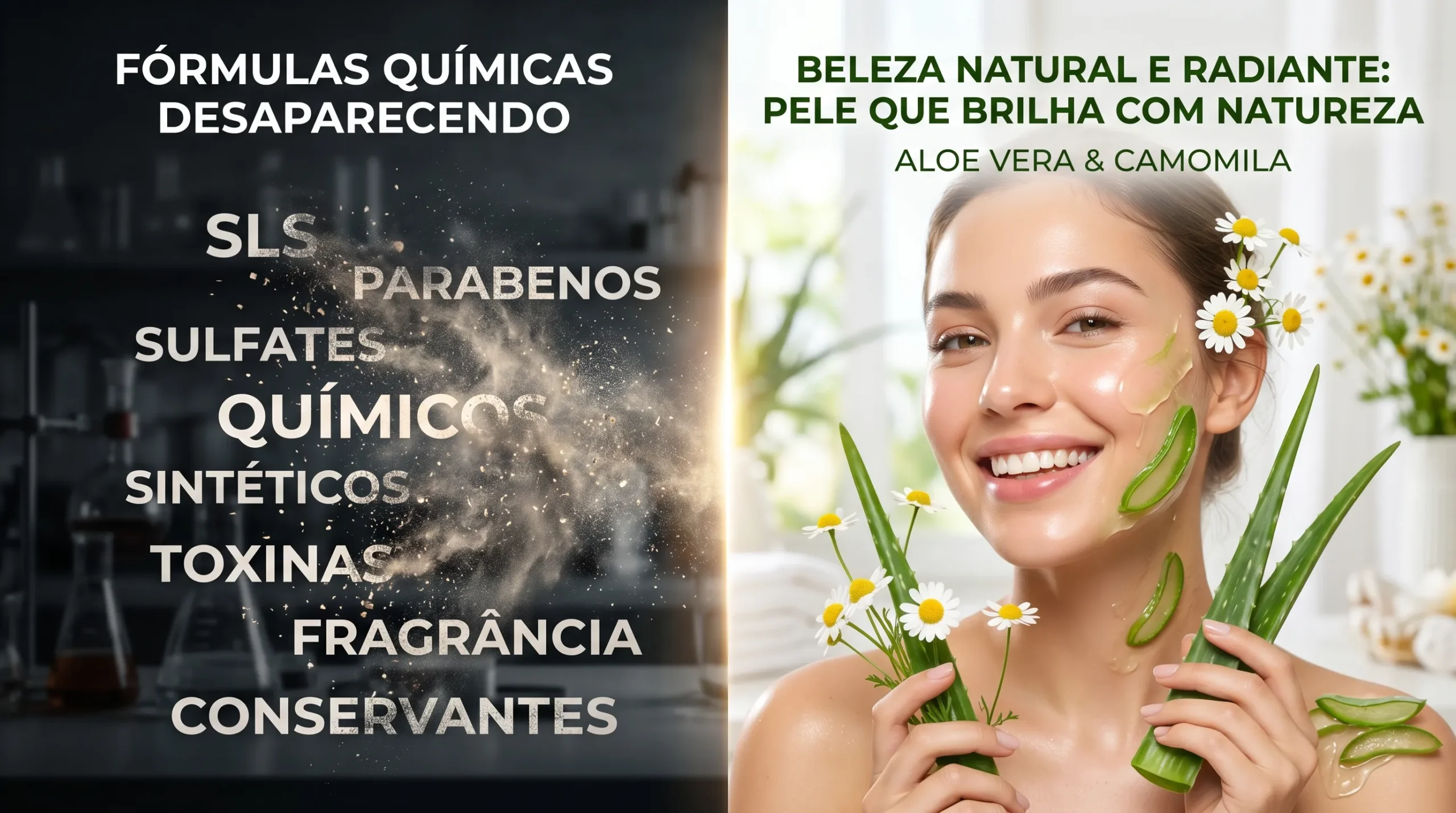 Conceito visual mostrando a transição de produtos químicos agressivos para ingredientes botânicos nos benefícios da maquiagem orgânica.