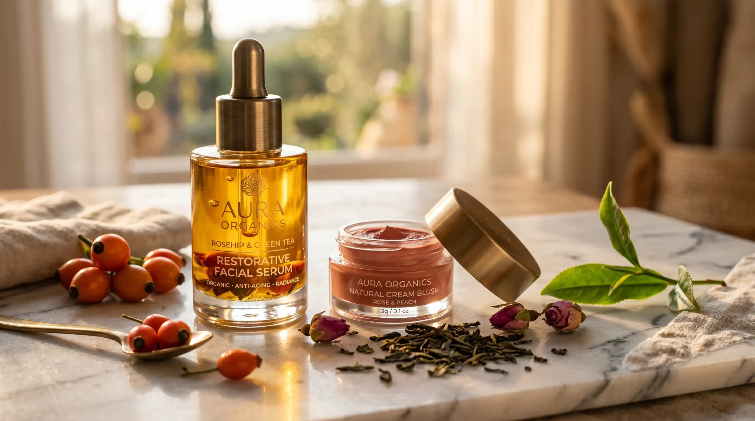 Frasco de sérum facial e blush cremoso natural ao lado de ingredientes antienvelhecimento como rosa mosqueta e chá verde