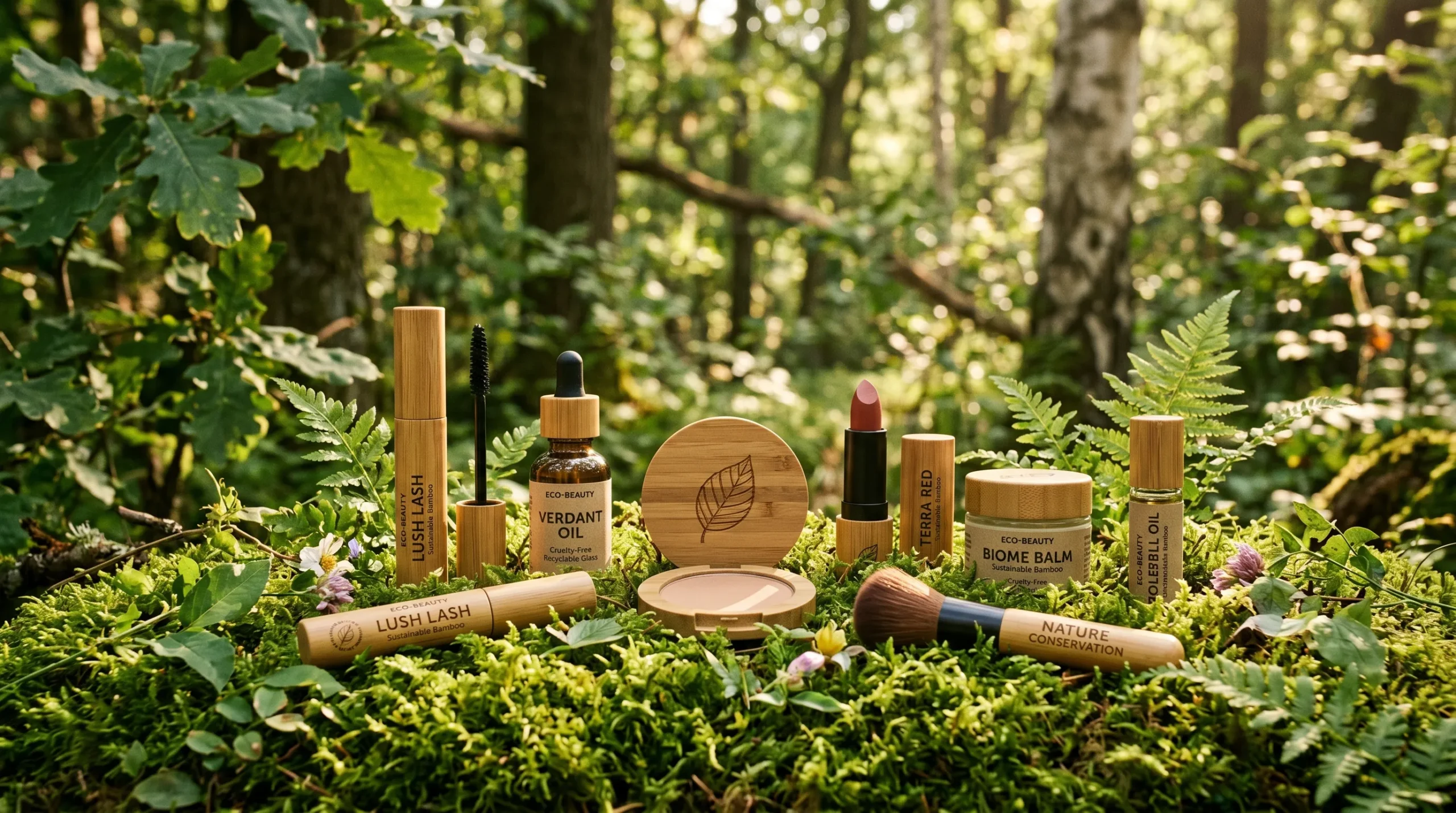 Produtos de maquiagem ecológicos em embalagens de vidro e bambu sobre musgo verde em uma floresta iluminada pelo sol