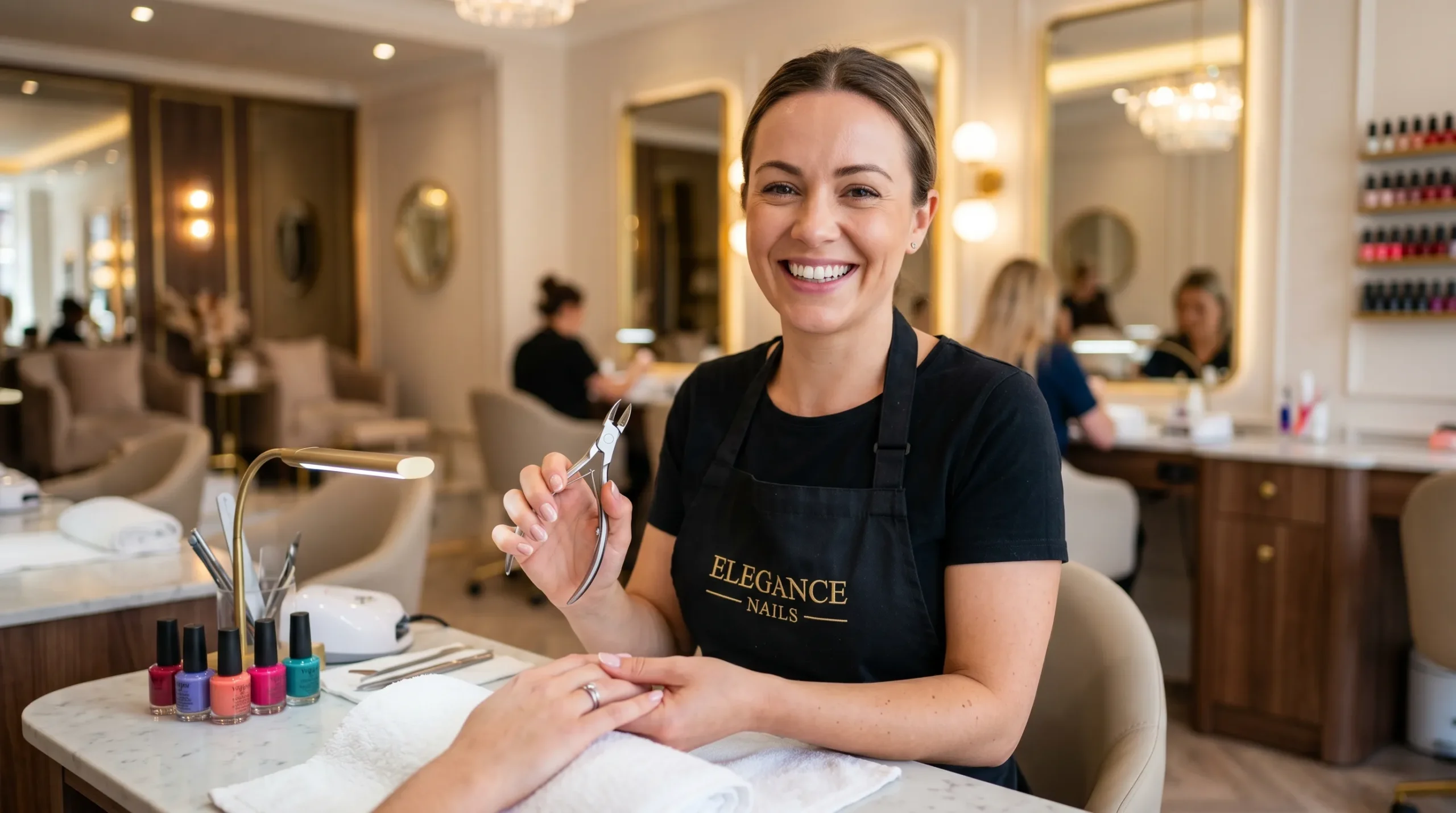 Manicure profissional sorrindo enquanto segura um alicate de cutícula em um salão.