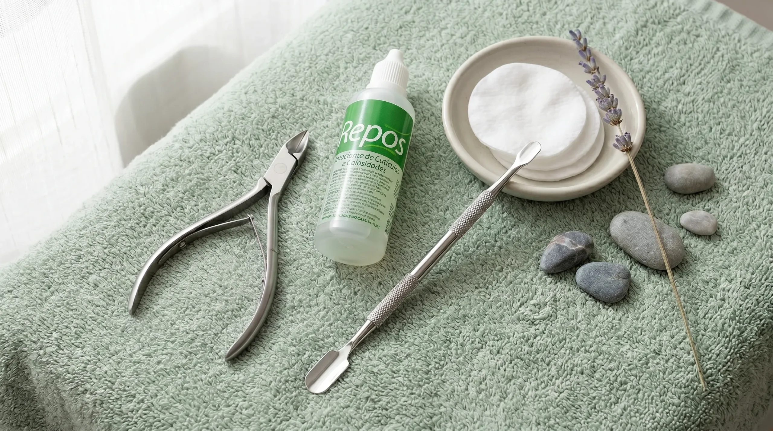 Kit de manicure com alicate, amolecedor de cutículas Repós e espátula de inox.