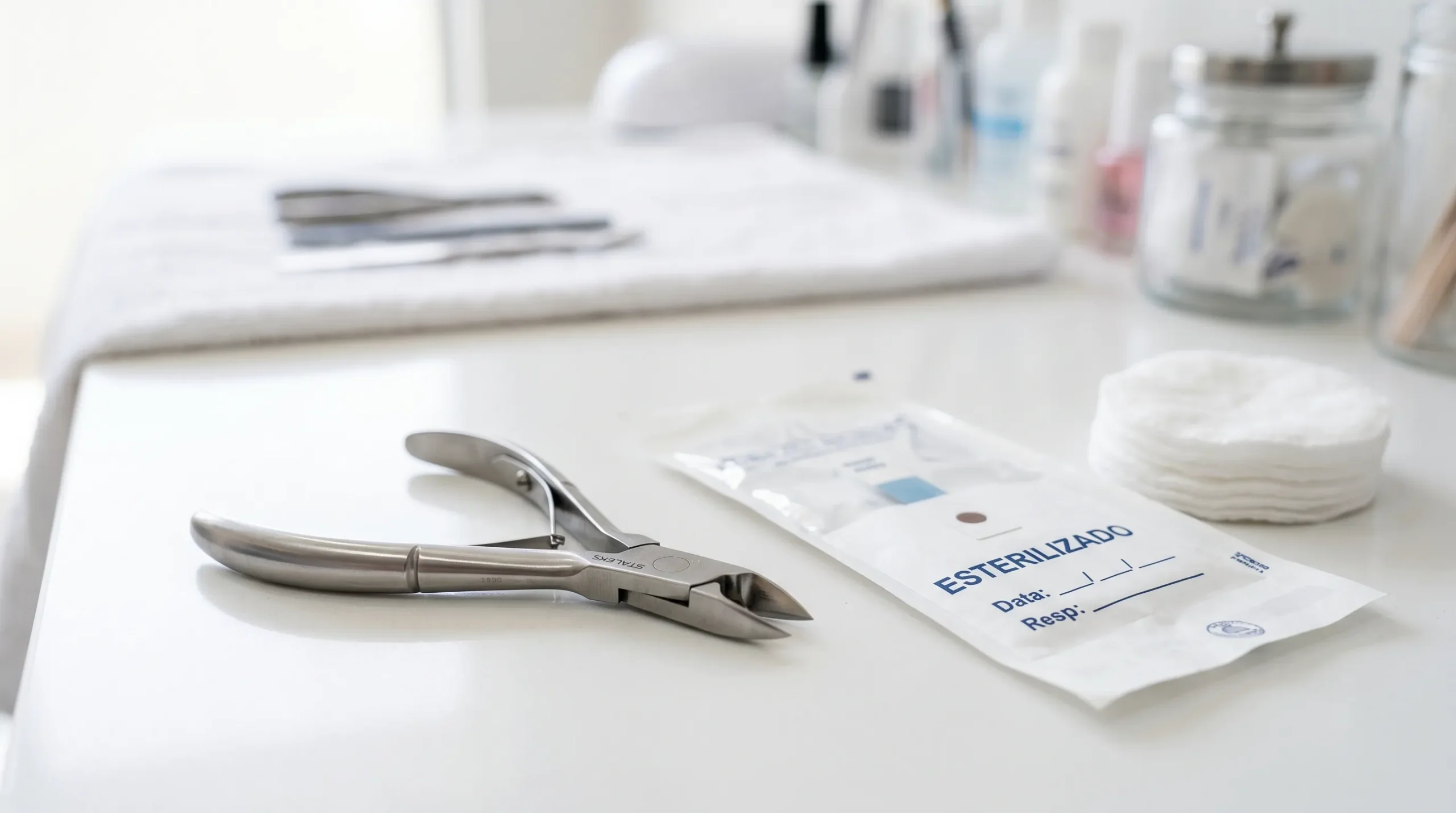 Alicate de inox ao lado de materiais de limpeza e esterilização.