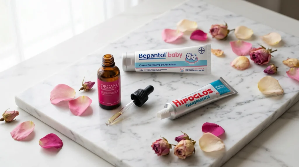 mistura de Bepantol, rosa mosqueta e Hipoglós para skincare