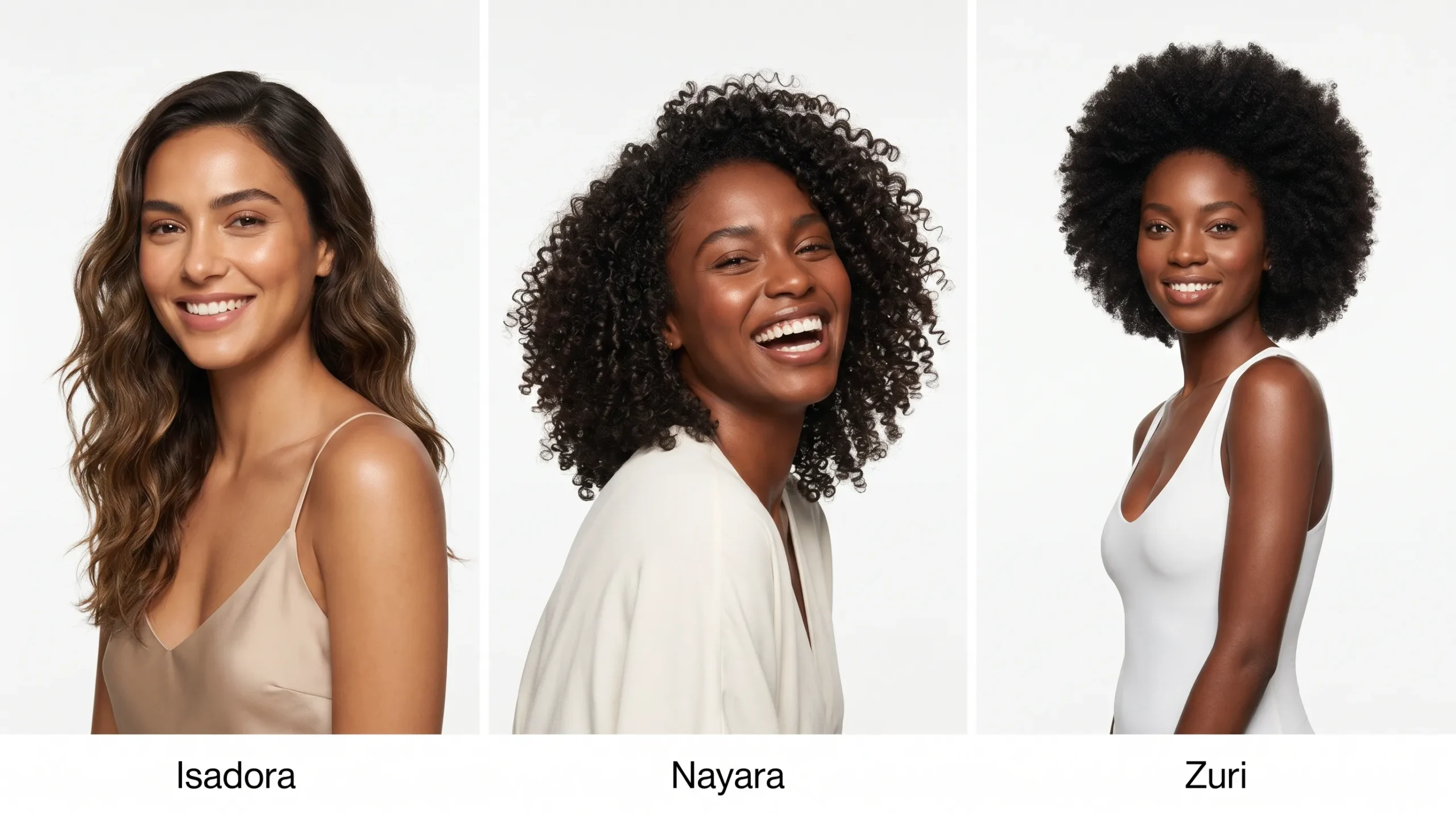 Cena: grade de tipos de cabelo — ondulado, cacheado e crespo — três modelos diferentes sorridentes, composição editorial Estilo: fotografia editorial de beleza diversa, iluminação de estúdio uniforme, fundo branco, textos em portugues do brasil