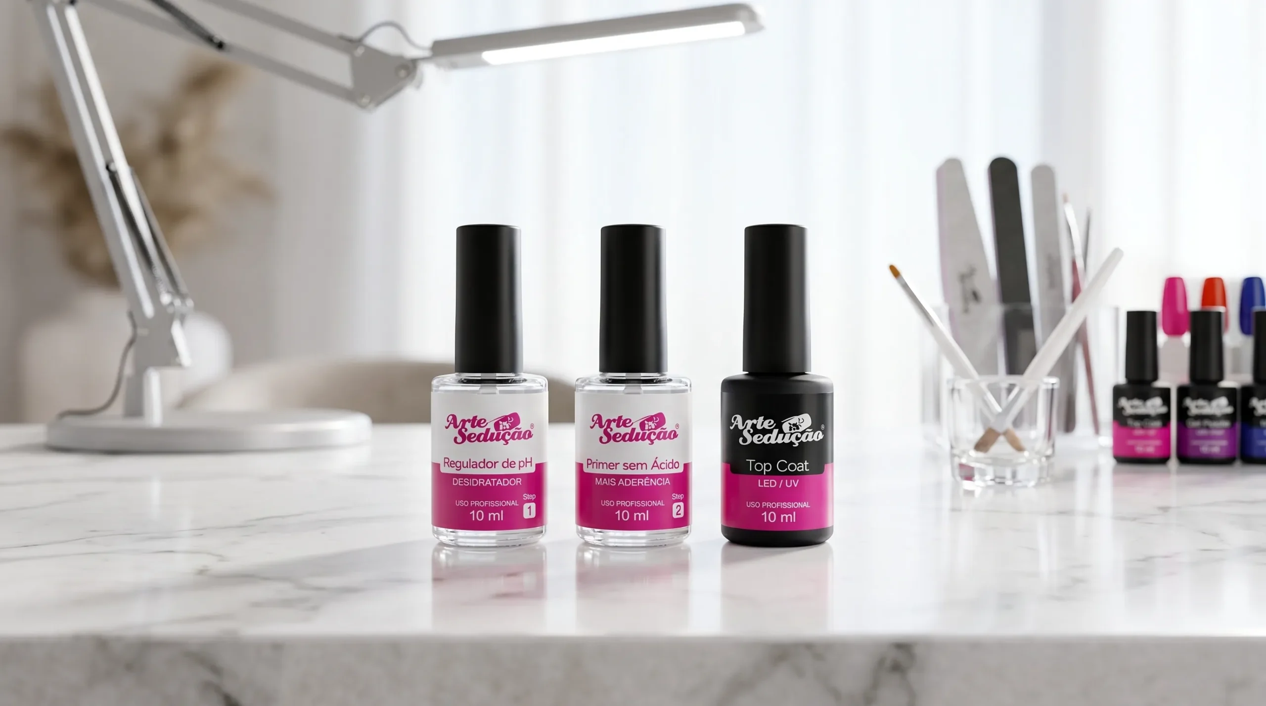 O que vem primeiro, o Primer ou o desidratador? 3 Kit Regulador pH + Primer Sem Ácido + Top Coat