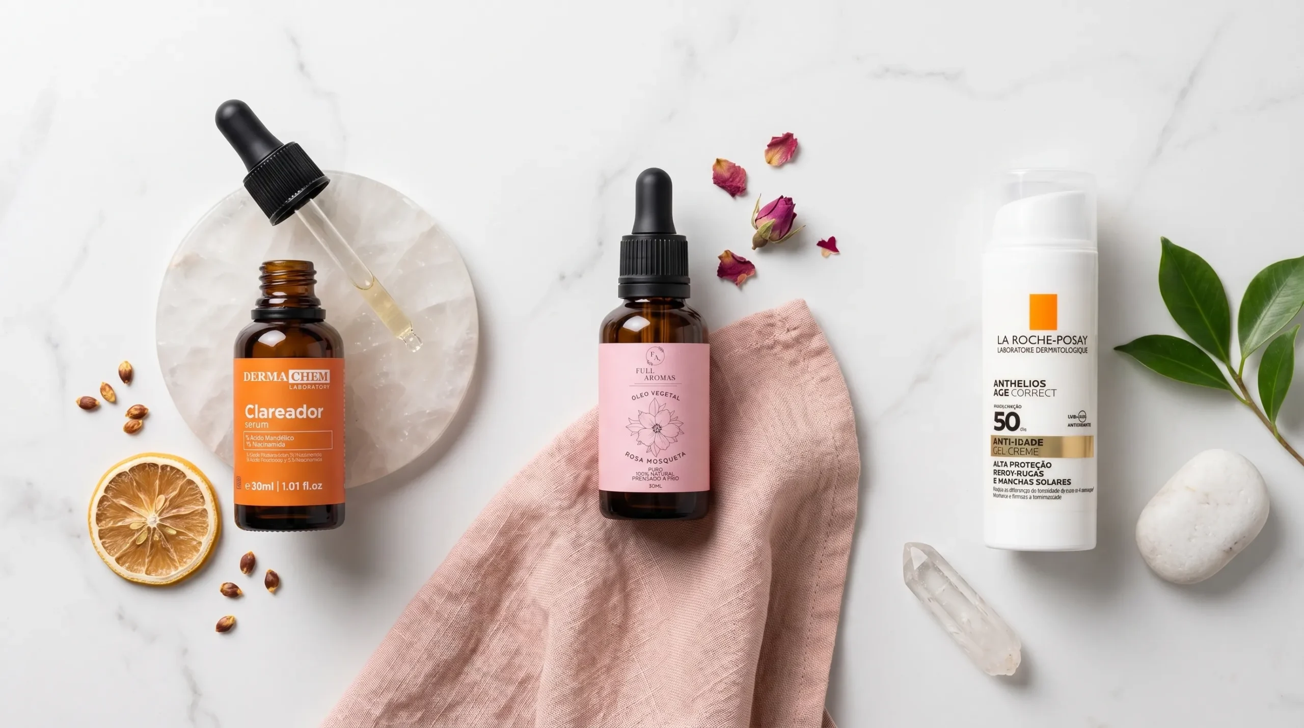 rotina de skincare diurna com óleo de rosa mosqueta e protetor solar